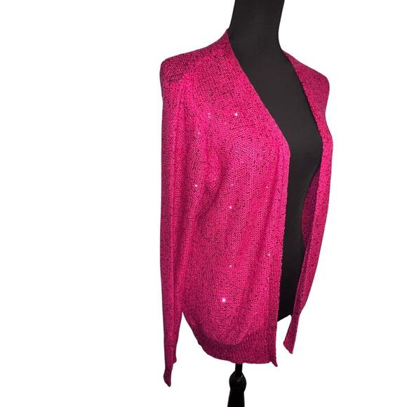 Metaphor Women’s Size XL Festive Fuchsia Sequin Open Knit Y2K Cardigan Sweater - Picture 3 of 7